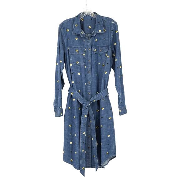 Denim Embroidered Floral Bees Button Up Midi Dress Belted Looks like Large Rare - Picture 1 of 16